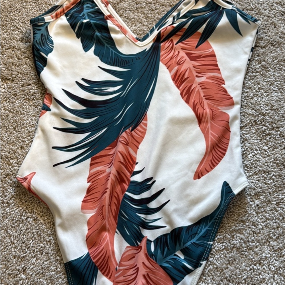 SHEIN Tropical Leaf Print Bodysuit - Coral and Teal
